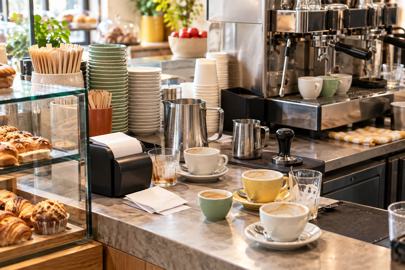 Kahve fincanları, fiş yazıcısı ve hazırlık tezgâhı bulunan cafe servisi