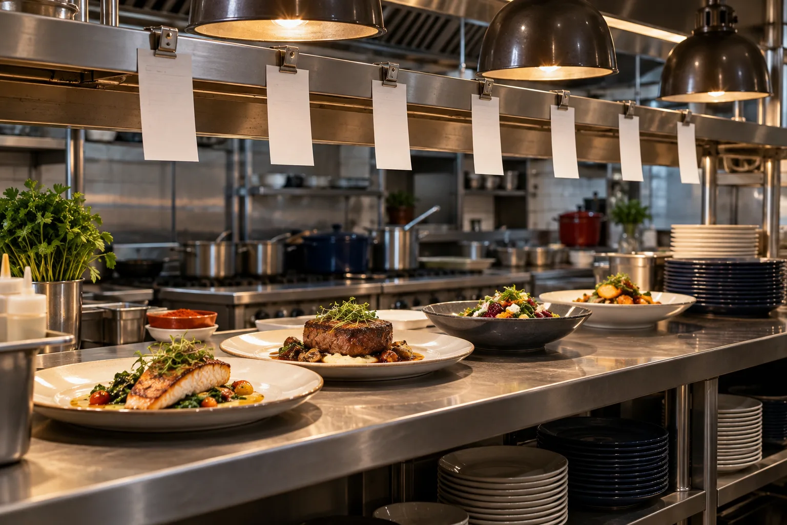 Sipariş fişleri ve servise hazır tabakların bulunduğu restoran mutfak geçişi